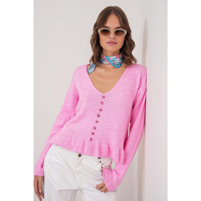 Lichte V-hals gebreide top met knoopdetails