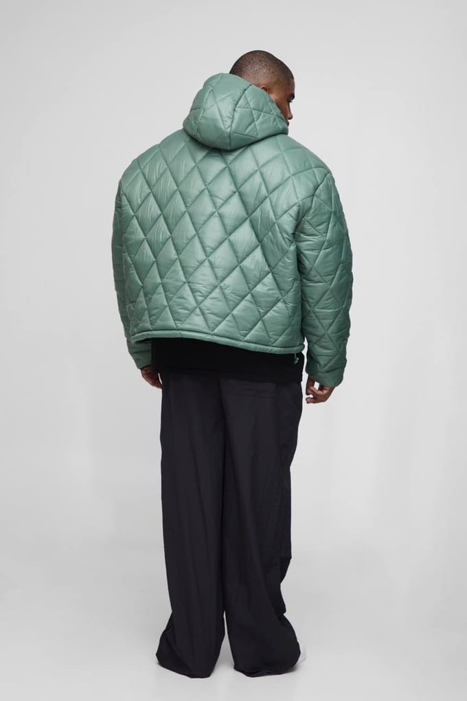 Plus Oversized Boxy High Shine Quilted Hooded Funnel Puffer Jacket | Khaki | Size 3XL