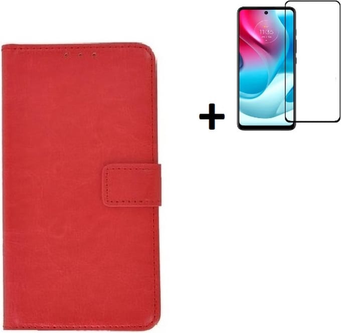 MoDo hoesje Geschikt voor Motorola Moto E32/ E32s - Kunstleer Book Case - Rood hoesje met full screenprotector