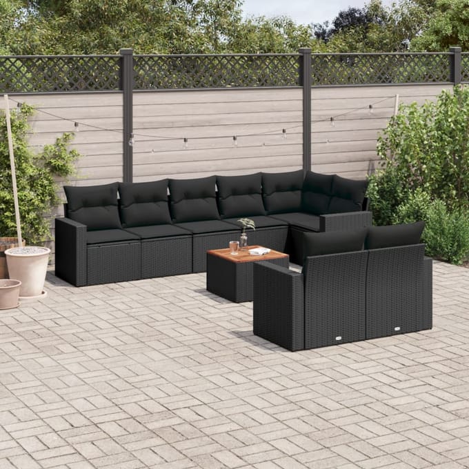 vidaXL - 9-delige - Loungeset - met - kussens - poly - rattan - zwart