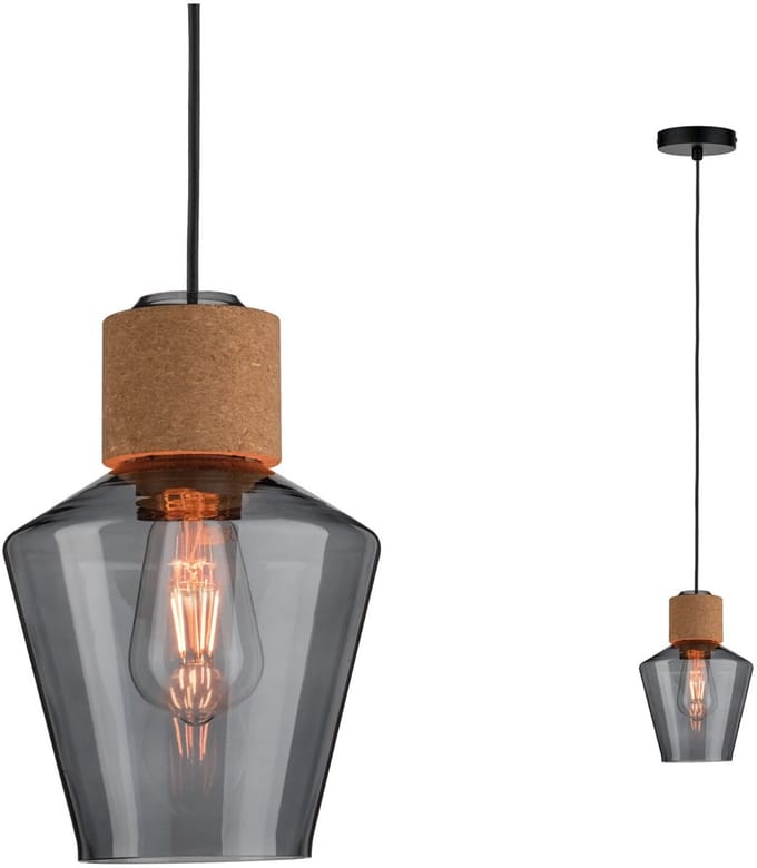 Neordic Hanglamp Edla E27 max. 20W Rookglas, Kurk, Zwart dimbaar Glas, Kurk, Metaal