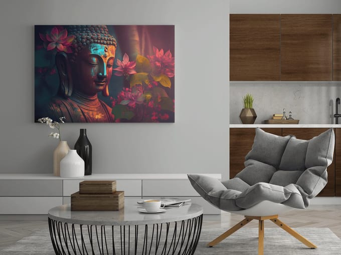 Canvas Schilderij - Boeddha met Bloemen - 150x100x2 cm