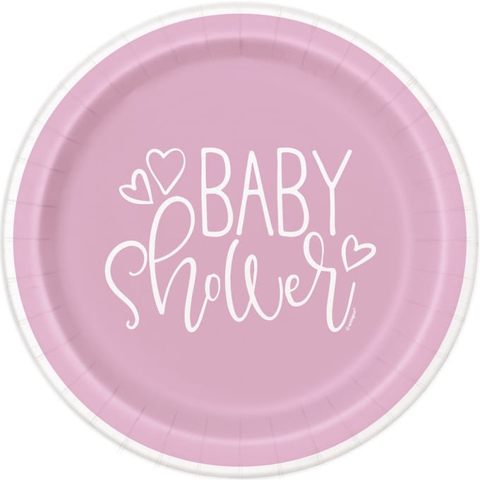 UNIQUE - 8 roze en witte kartonnen baby shower borden 23 cm voor meisje