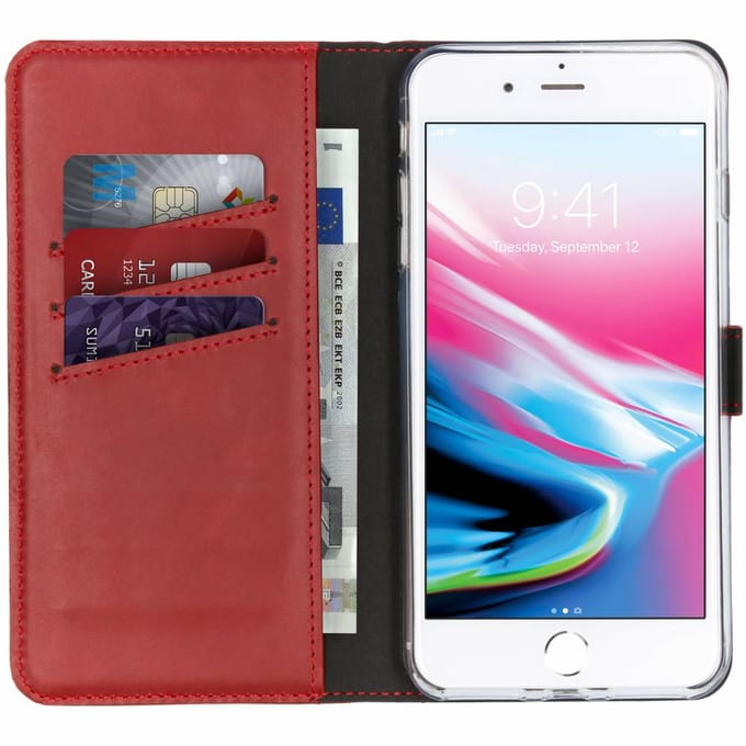Selencia Hoesje - Geschikt voor Apple iPhone 8 Plus / 7 Plus - Echt Lederen Bookcase - Rood