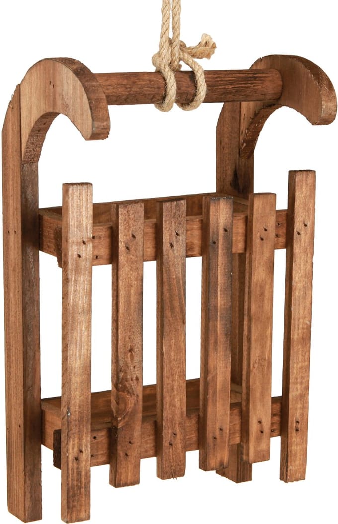 Decoratieve slee bruine winterdecoratie van hout 30x18x12cm
