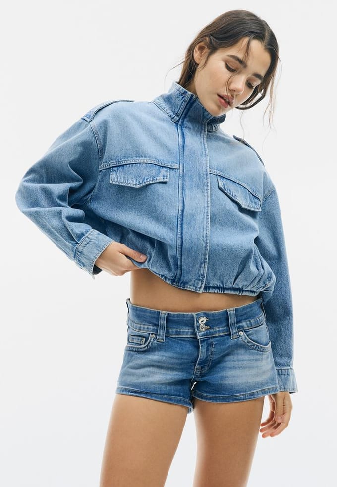 Stradivarius Ballonmodel denim jack  LICHTE MIDDENBLAUWE DENIM WASSING S
