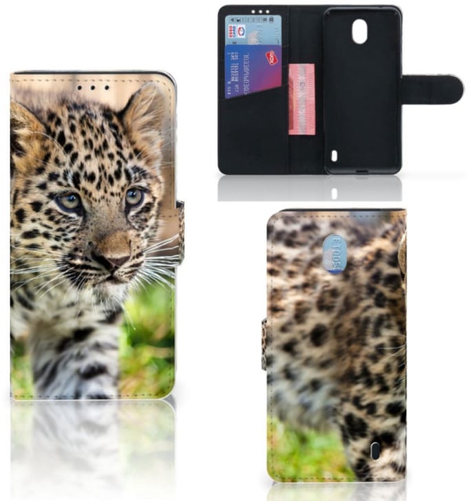Nokia 1 Plus Telefoonhoesje met Pasjes Baby Luipaard
