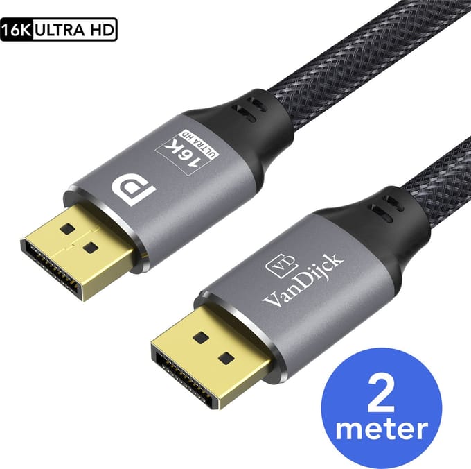 VanDijck DisplayPort 2.1 Kabel – 4K 240Hz – 8K 60Hz – 2 Meter – Grijs