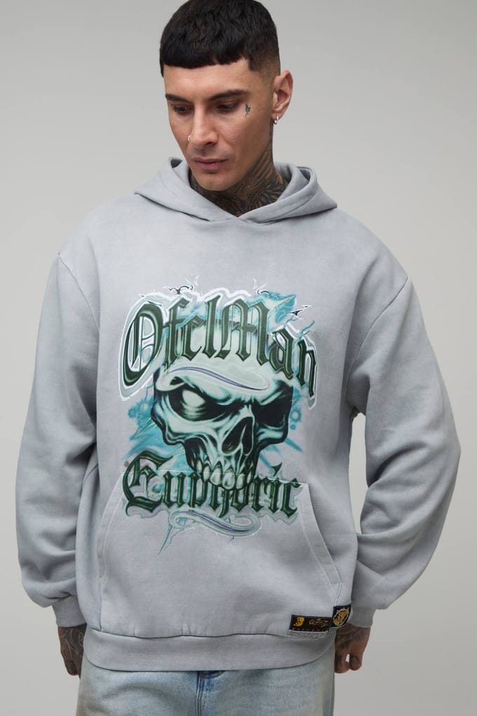 Lange Oversized Hoodie Met Gewassen Euphoric Doodskop Print | Grey | Size Medium