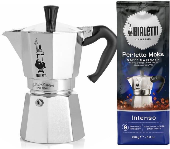 Bialetti Moka Express 2 kops + Bialetti Intenso gemalen koffie 250gr