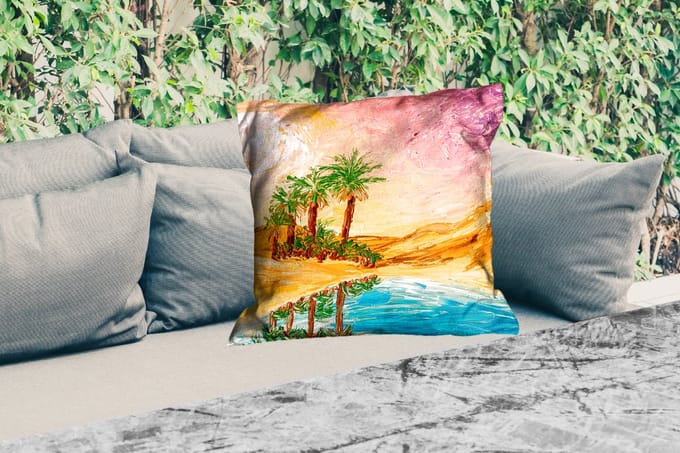 Sierkussen Buiten - Schilderij - Olieverf - Palmboom - Natuur - Water - 60x60 cm - Weerbestendig