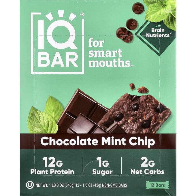 IQBAR, Plantaardige Eiwitreep, Chocolade Munt Chip, 12 Repen, 45g (1,6 oz) Elk