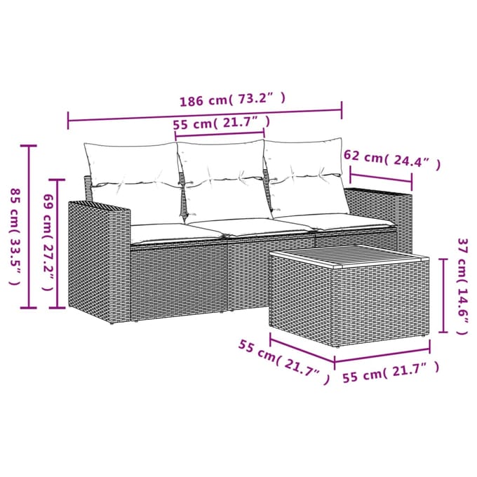 vidaXL - 4-delige - Loungeset - met - kussens - poly - rattan - beige