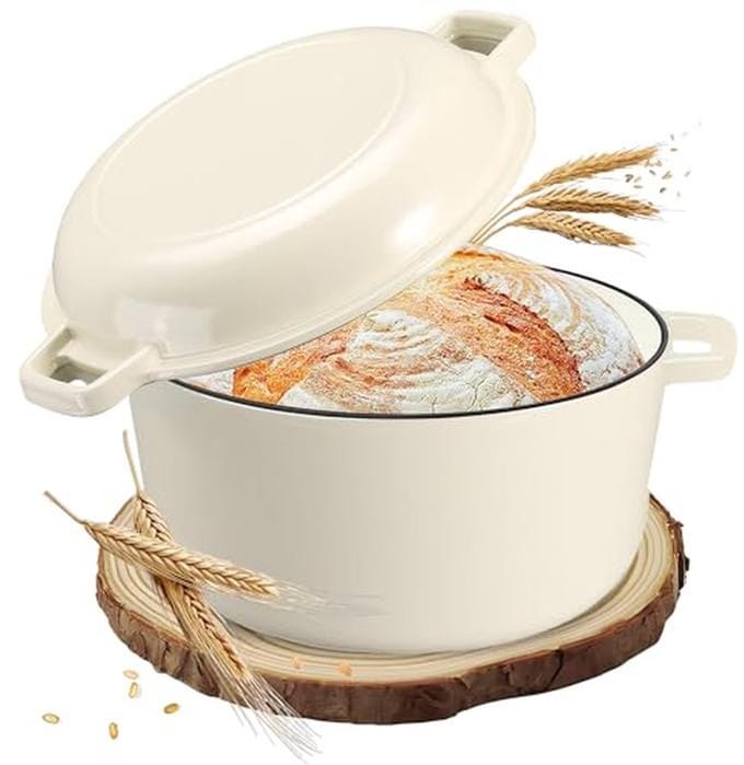 Gietijzeren pan - Braadpan met deksel - Brood bakken - 2-in-1 ontwerp - 26 cm - Wit