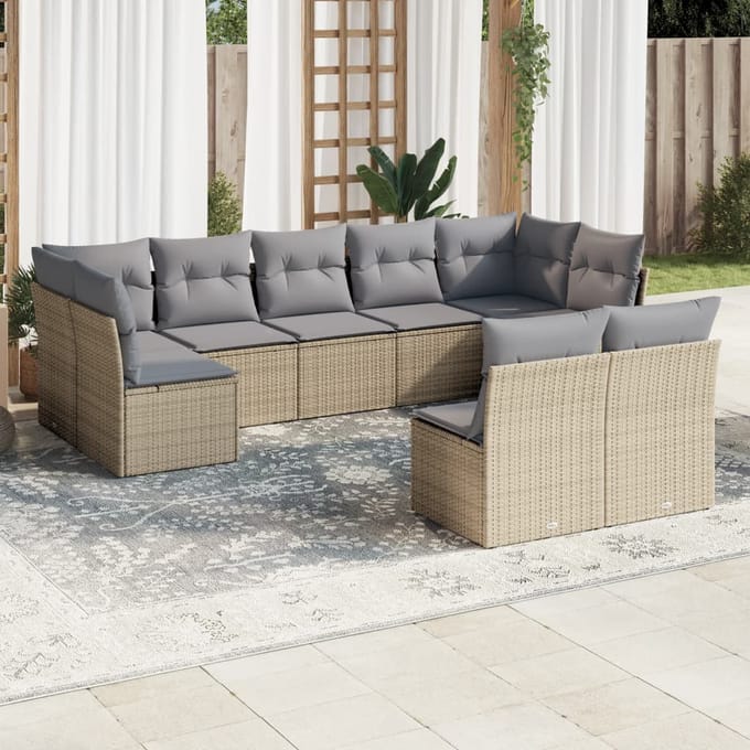 vidaXL 9-delige Loungeset met kussens poly rattan beige