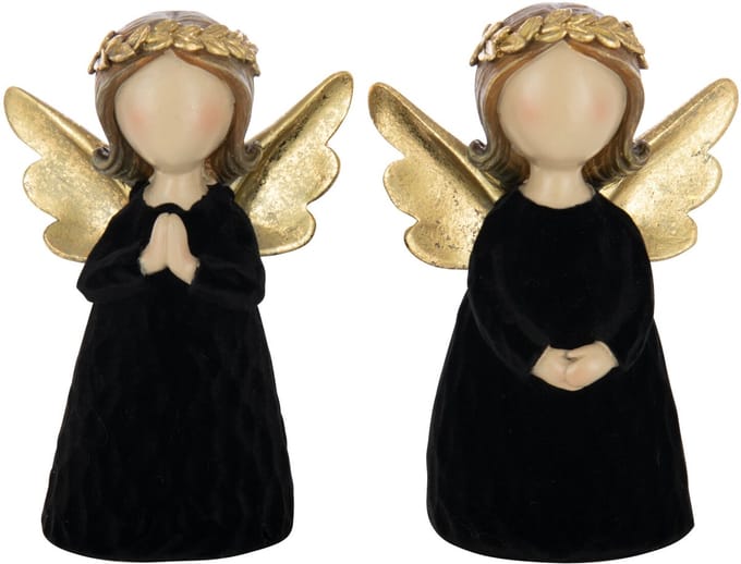 J-Line figuur Engel - polyresin/fluweel - zwart - medium - 2 stuks