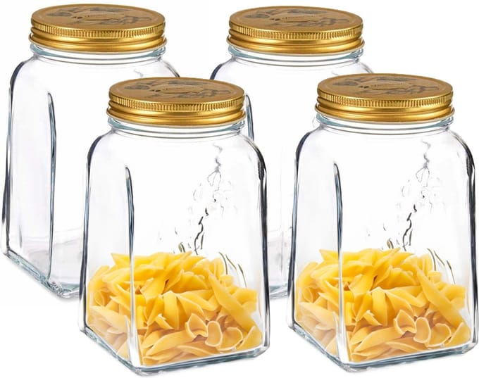 Pasabahce Voorraadpot/bewaarpot Square - 4x - glas - 1L - transparant/goud - 10 x 17 cm - luchtdicht