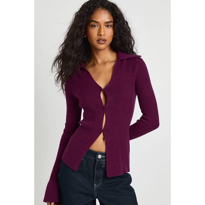 boohoo Dames Chunky geribbelde gebreide cardigan met kraag | Aubergine | Maat: Medium