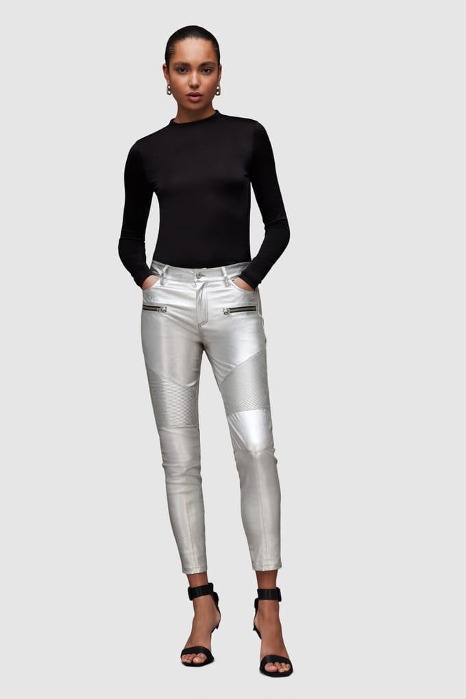 AllSaints Suri Lea Biker Jean Silver Größe: 6 | Lederhosen Outlet | Damen | Grau
