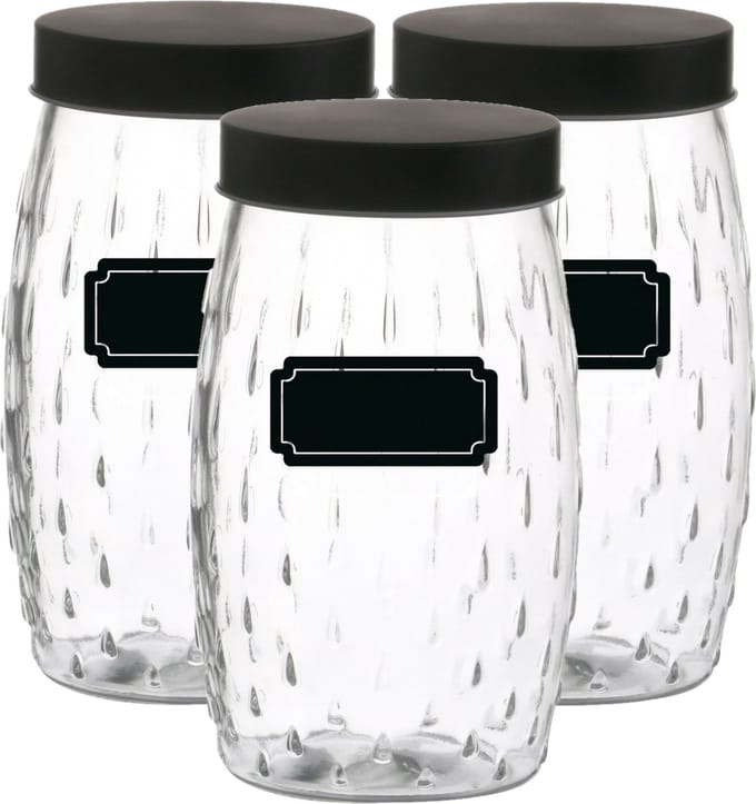 Voorraadpot/bewaarpot Mora - 6x - 2L - glas - zwart - incl. etiketten