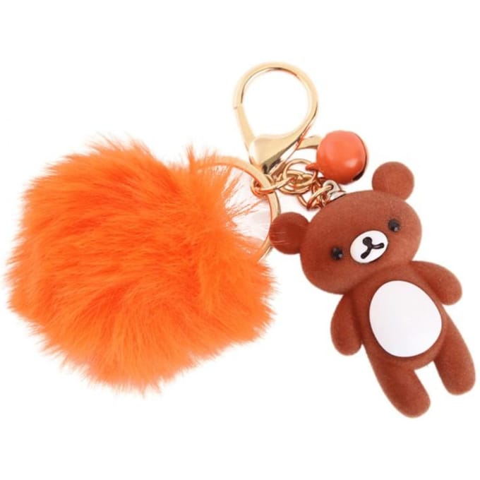 Sleutelhanger teddybeer met pompon - Bruin / Oranje