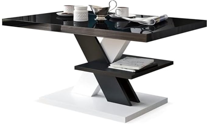 Moderne Hoogglans Salontafel Zwart Wit met Legplank - Multifunctionele Woonkamertafel