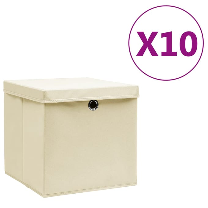 vidaXL - Opbergboxen - met - deksel - 10 - st - 28x28x28 - cm - crèmekleurig