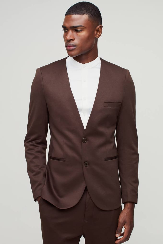 Slanke Kraagloze Jersey Blazer | Brown | Size 36