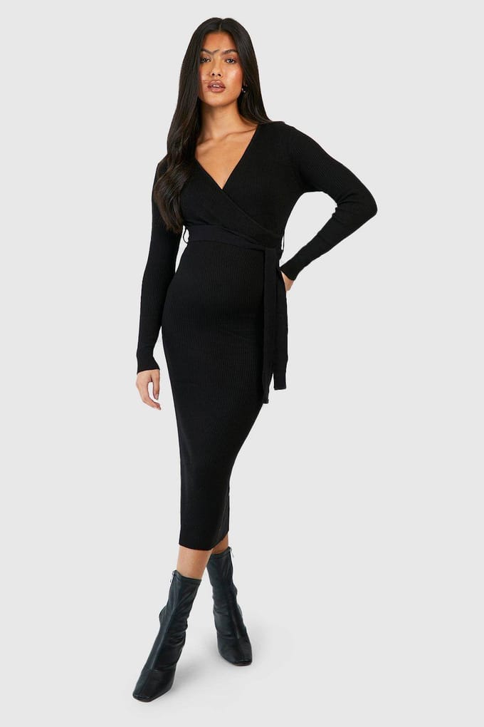 boohoo Dames Maternity Knitted Wrap Midi Dress | Zwart | Maat: 44