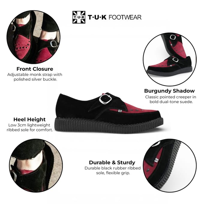 TUK Pointed Creeper Black Burgundy Suede Monk Buckle Platform Shoes - A9592