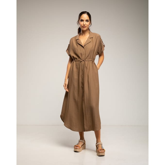 Midi-jurk met elastische taille en borst, rimpelmouwen en zakken