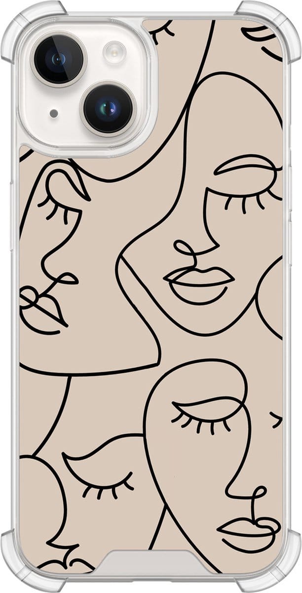 Shockproof hoesje - Geschikt voor iPhone 14 - Abstract faces - Extra sterke case - TPU/polycarbonaat - Print / Illustratie - Bruin, Transparant