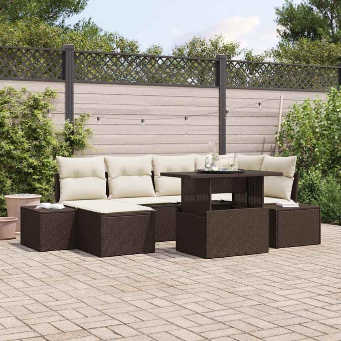 vidaXL - Tuinbank - Set - 7 - st - Bruin - en - Crème - poly - rattan