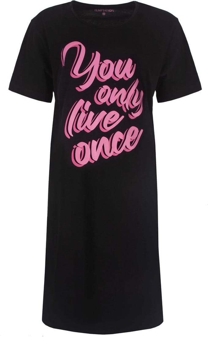 Temptation Dames Nachthemd - Big Shirt - Katoen - Zwart - Maat S
