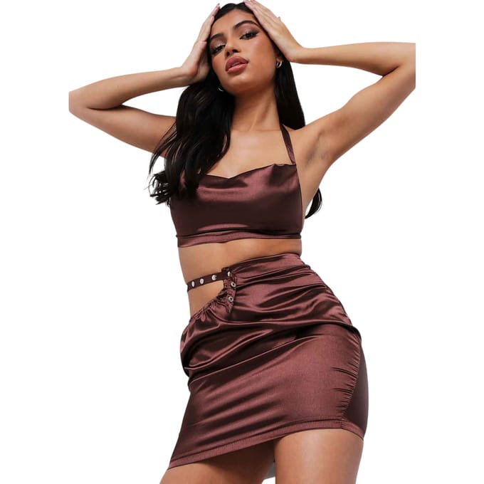 Missy Empire Dames/Dames Satijnen Halter Hals Crop Top (Chocolade)