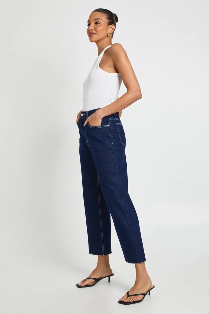 boohoo Dames De Hoge Taille Gecroppte Rechte Pijp Jeans | Indigo | Maat: 34