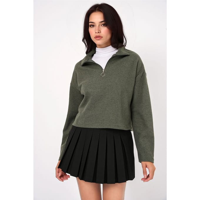 Ontspannen Fit Crop Sweater met Ritskraag