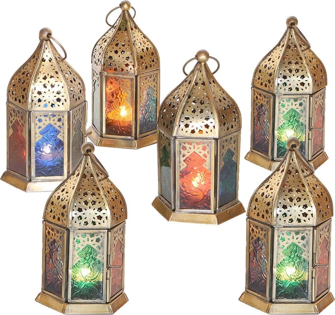 Oosterse glazen lantaarn Nael veelkleurig set van 6