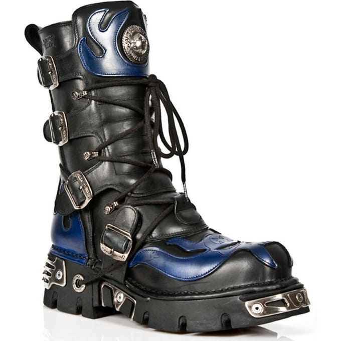 New Rock Unisex Zwart/Blauw Leer Gothic Biker Skull Boots-107-C5