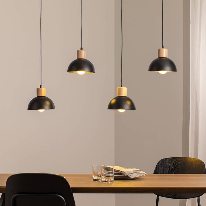 EMIBIG LIGHTING Seco hanglamp, lengte 90 cm, zwart, metaal/hout, 4-lamps.