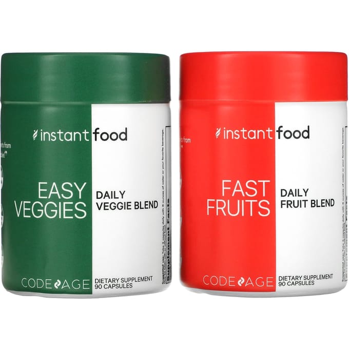 Codeage, Mélange de légumes quotidiens Easy Veggies / Mélange de fruits quotidiens Fast Fruit, 2 flacons, 90 capsules chacun