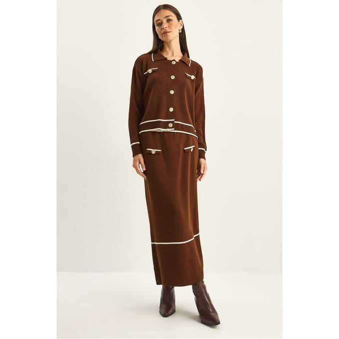 Geribbelde Breigoed Midi Twee-Piece Set met Knoopsluiting