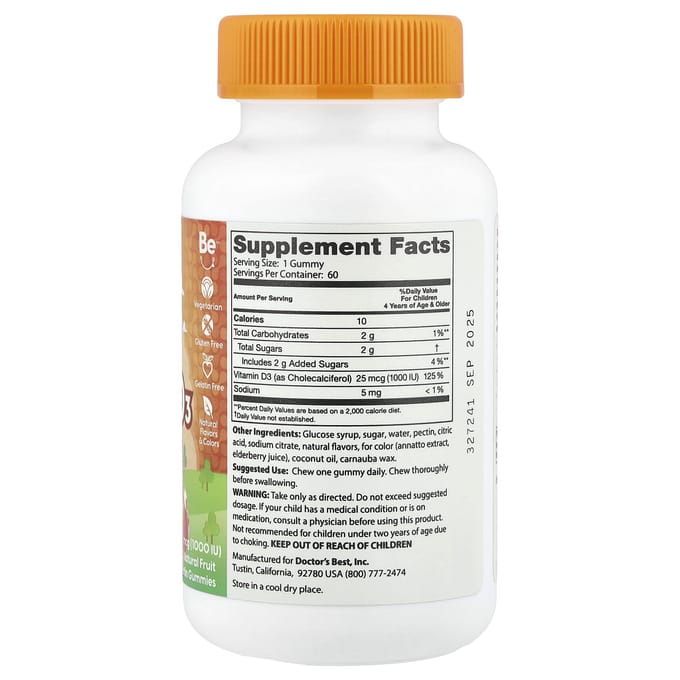 Doctor's Best, Doc's Kids, Vitamine D3 gummies voor kinderen, natuurlijk fruit, 25mcg (1.000IE), 60 natuurlijke fruitpectine gummies