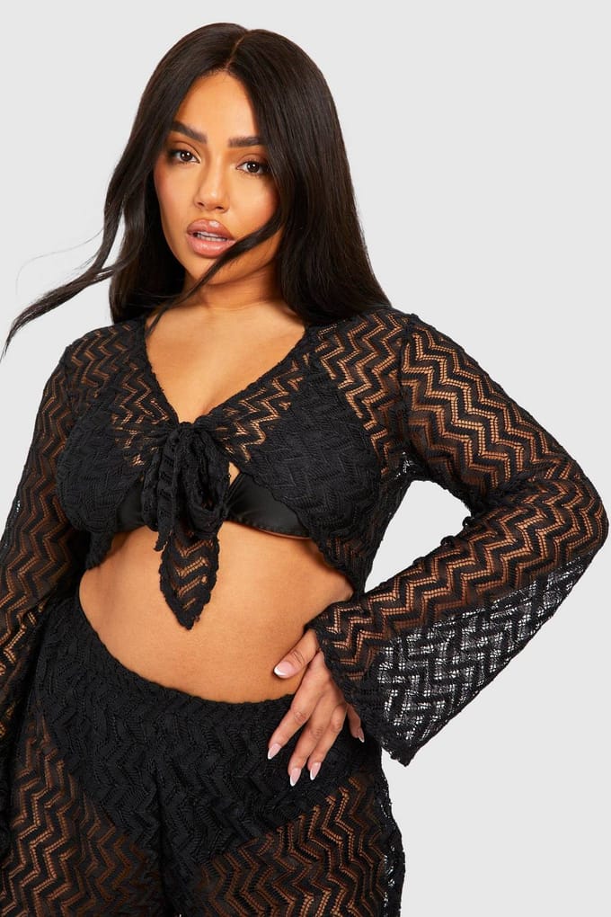 boohoo Dames Plus Jersey Gebreide Strand Co Ord | Zwart | Maat: 52