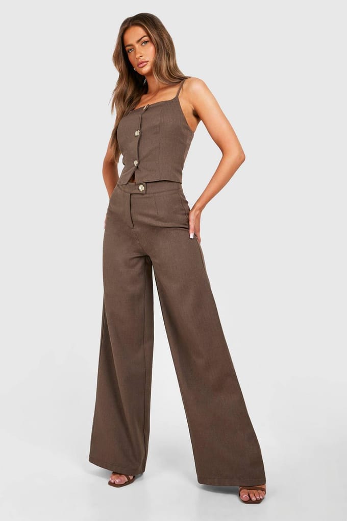 boohoo Dames Textured Wide Leg Trousers | Mokka | Maat: 40