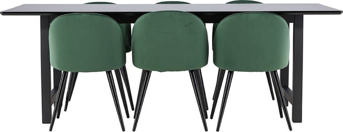 Oslo eethoek eetkamertafel 100x220cm zwart en 6 Skagen stoel velours groen.