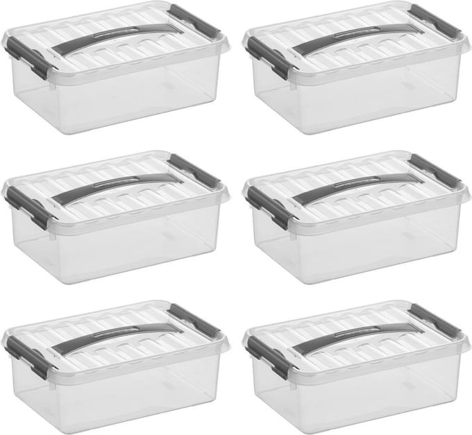 Sunware Q-Line opbergbox 4L - Set van 6 - Transparant/Grijs