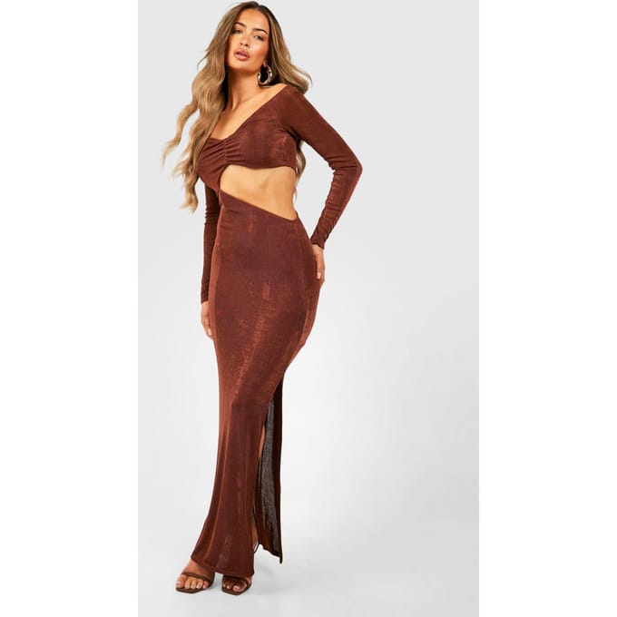 boohoo Dames Bardot Gerimpelde Acetate Slinky Maxi-jurk met Split Benen | Chocoladebruin | Maat: 42