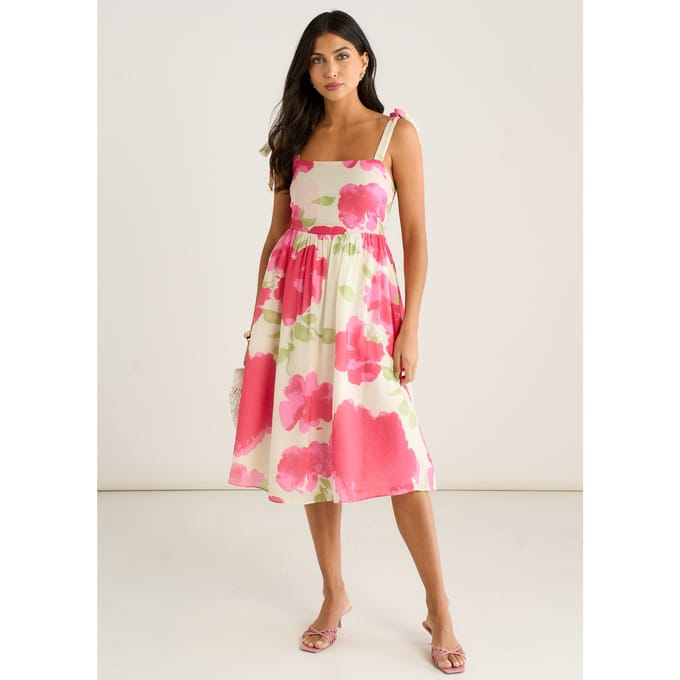 Midi-jurk met roze bloemenprint en bandjes