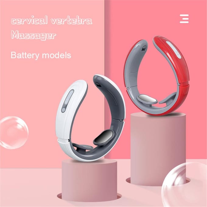 Elektrische Nek Schouder Puls Massager Kneden 2 Koppen TENS EMS Puls Verwarming Cervicale Wervel Ontspanning Pijnverlichting Massage Battery-Powered Version wit
